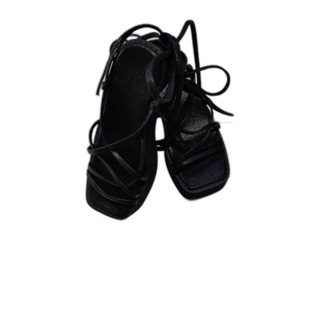 Women’s Black Strappy Platform Heels Sandals Square Toe Lace Up New # 378